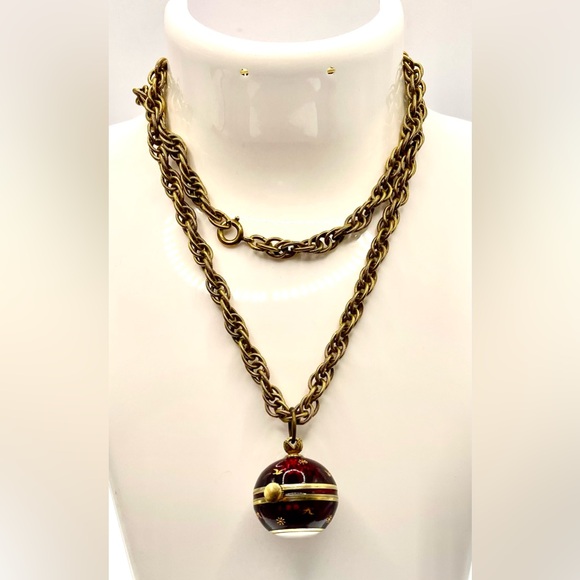 Vintage 1960s Signed Jean Perret Gold Tone Red Enamel Orb Necklace Watch Working - Picture 9 of 14